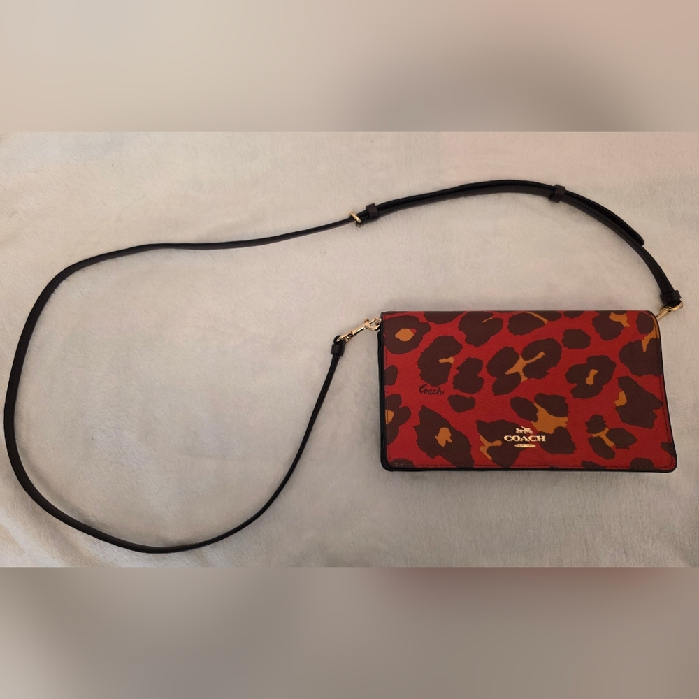 Coach Red and Brown Leopard Ocelot Print Leather Crossbody Bag - Picture 3 of 16